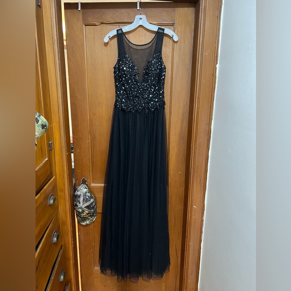 Xscape Black Beaded Mesh Maxi Dress